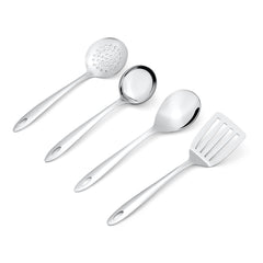 Close-up product view of Montavo serving tools showing skimmer, gravy ladle, slotted turner, and serving spoon details.