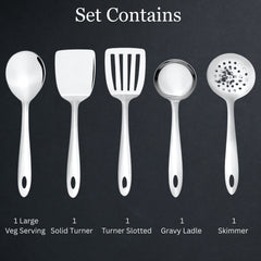 Montavo stainless steel serving utensils with rust-proof and dishwasher-safe features infographic design.