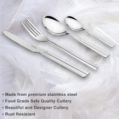 Premium stainless steel fork, knife, tablespoon, and teaspoon on soft white feather background with features listed.