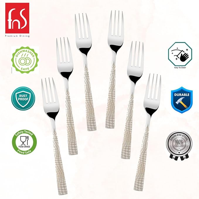 Product display showing seven forks with quality certification badges and features