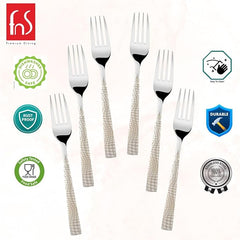 Product display showing seven forks with quality certification badges and features