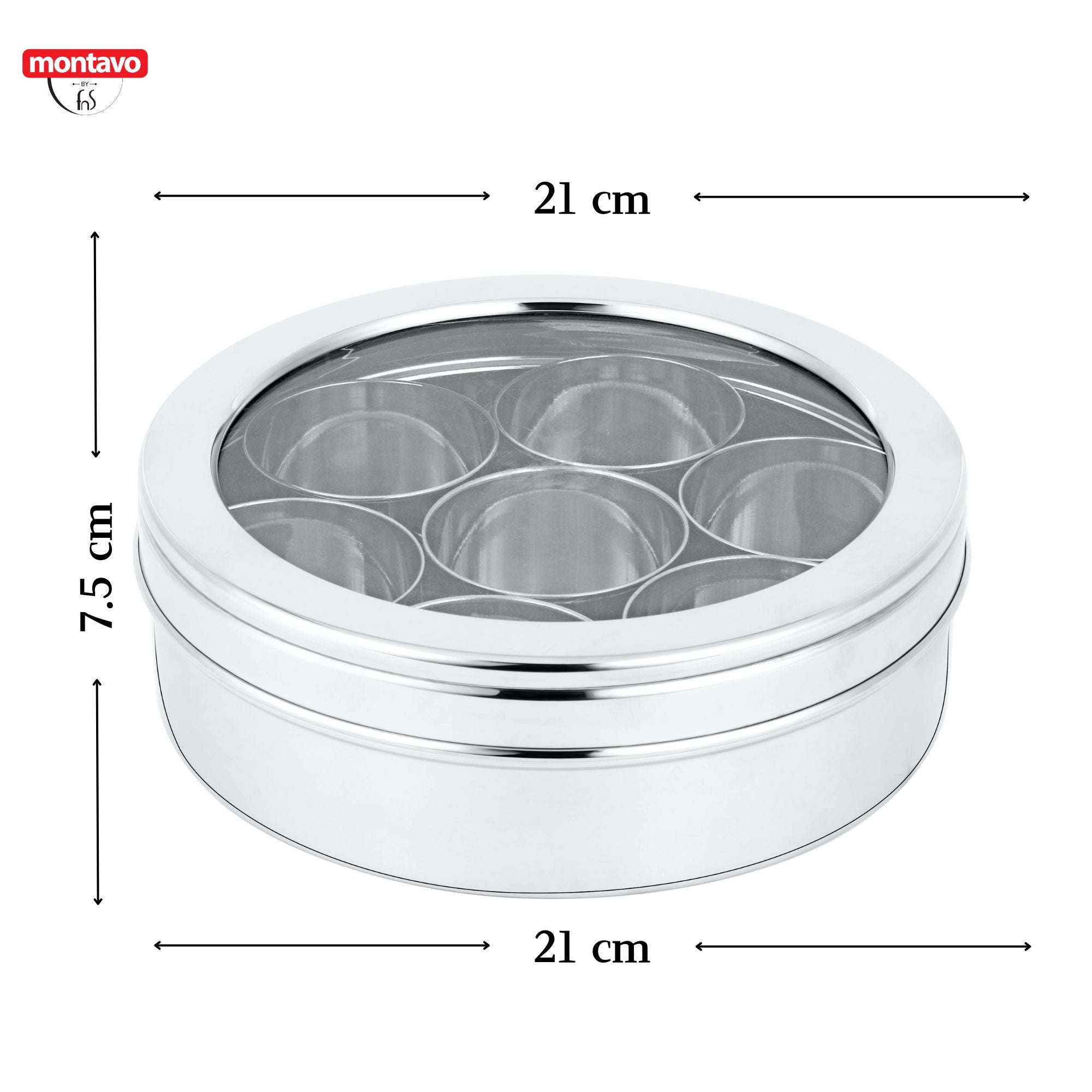 Montavo by fns stainless steel masala box with transparent lid showing 7 inner containers with dimensions labeled – 21cm diameter and 7.5cm height