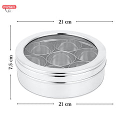 Montavo by fns stainless steel masala box with transparent lid showing 7 inner containers with dimensions labeled – 21cm diameter and 7.5cm height