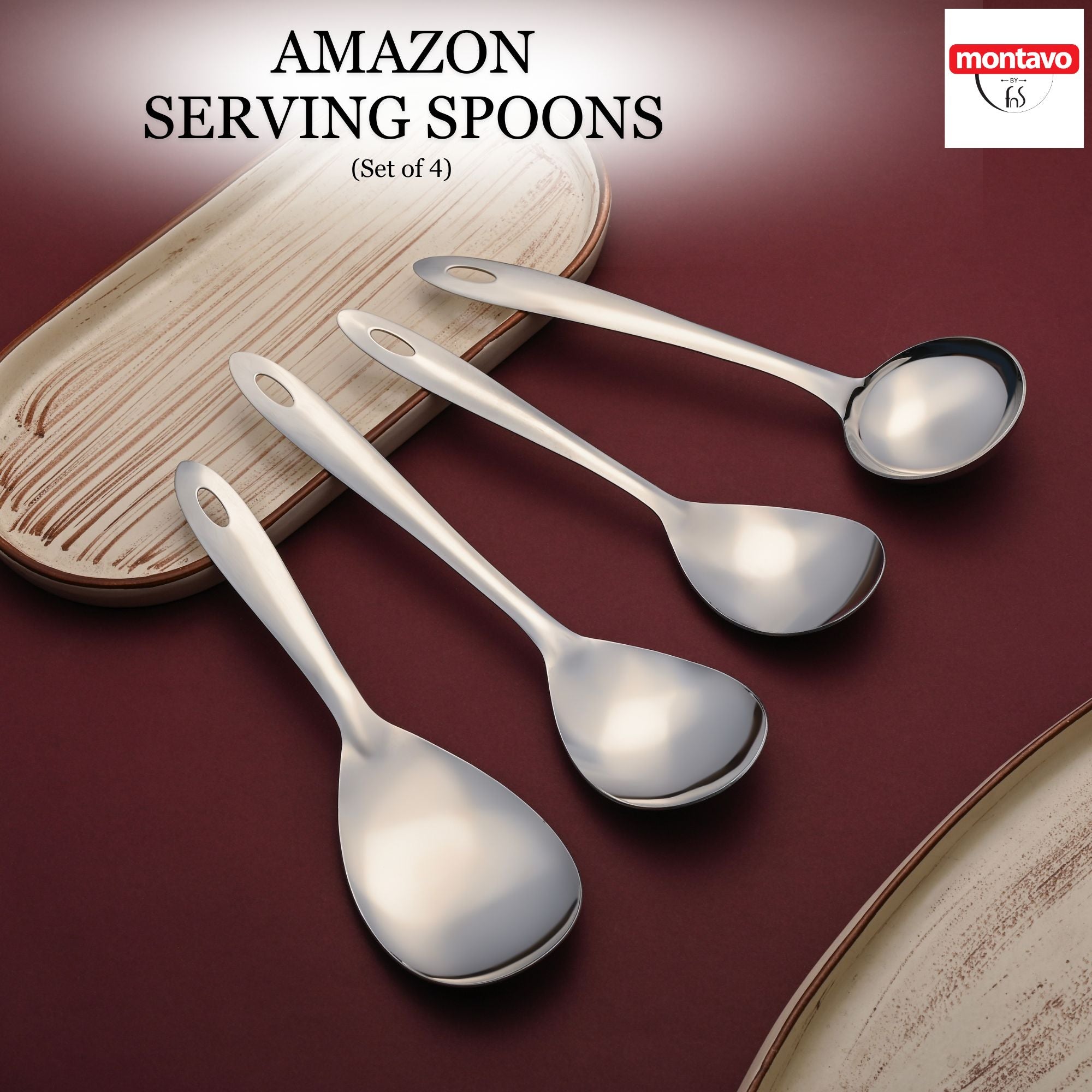 Montavo stainless steel serving spoons set of four displayed on wooden coaster with burgundy background aesthetic.