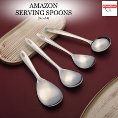 Montavo stainless steel serving spoons set of four displayed on wooden coaster with burgundy background aesthetic.