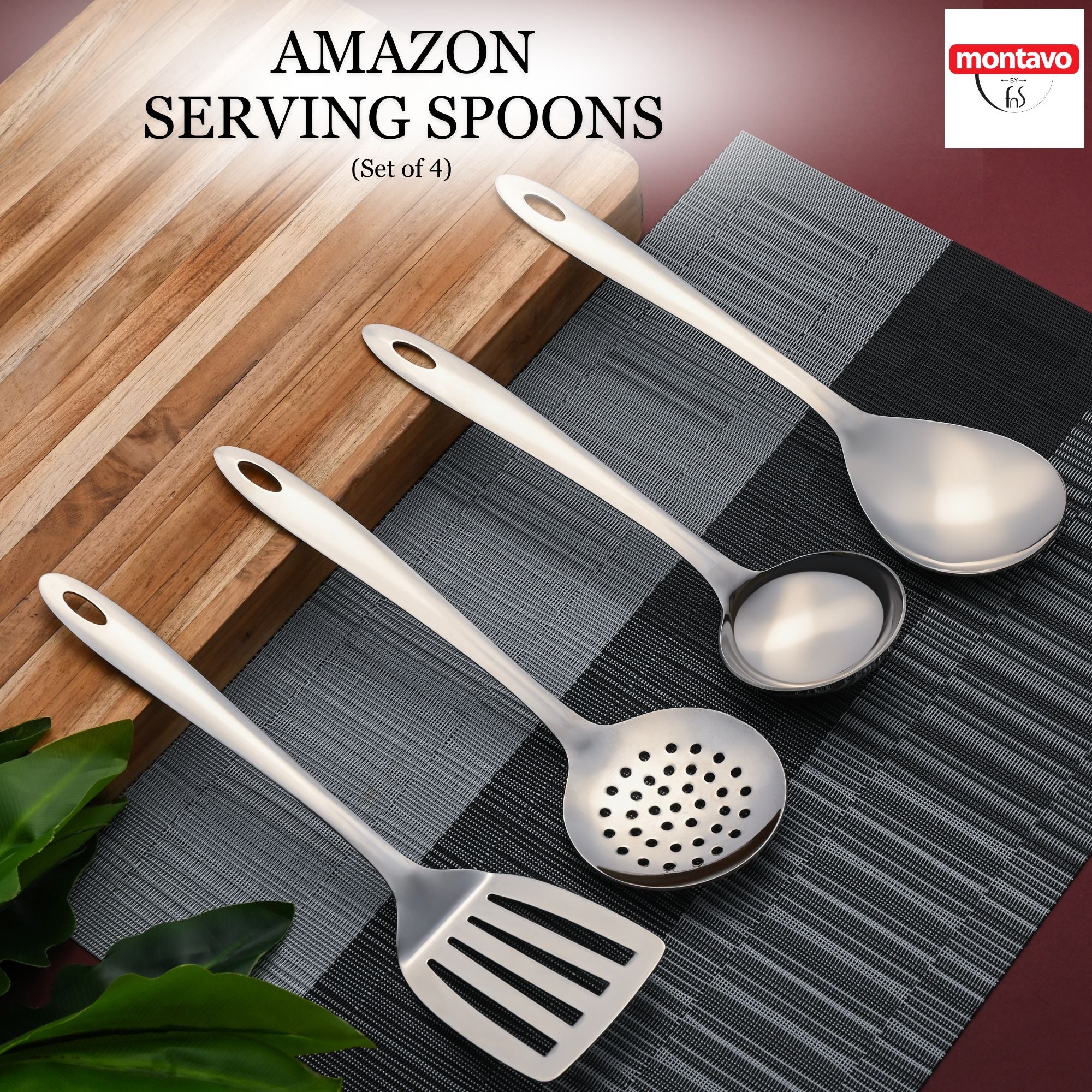 Montavo stainless steel four-piece serving tools set displayed on kitchen linens with wooden table and plant decor.