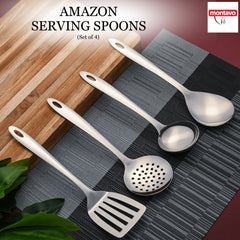 Montavo stainless steel four-piece serving tools set displayed on kitchen linens with wooden table and plant decor.