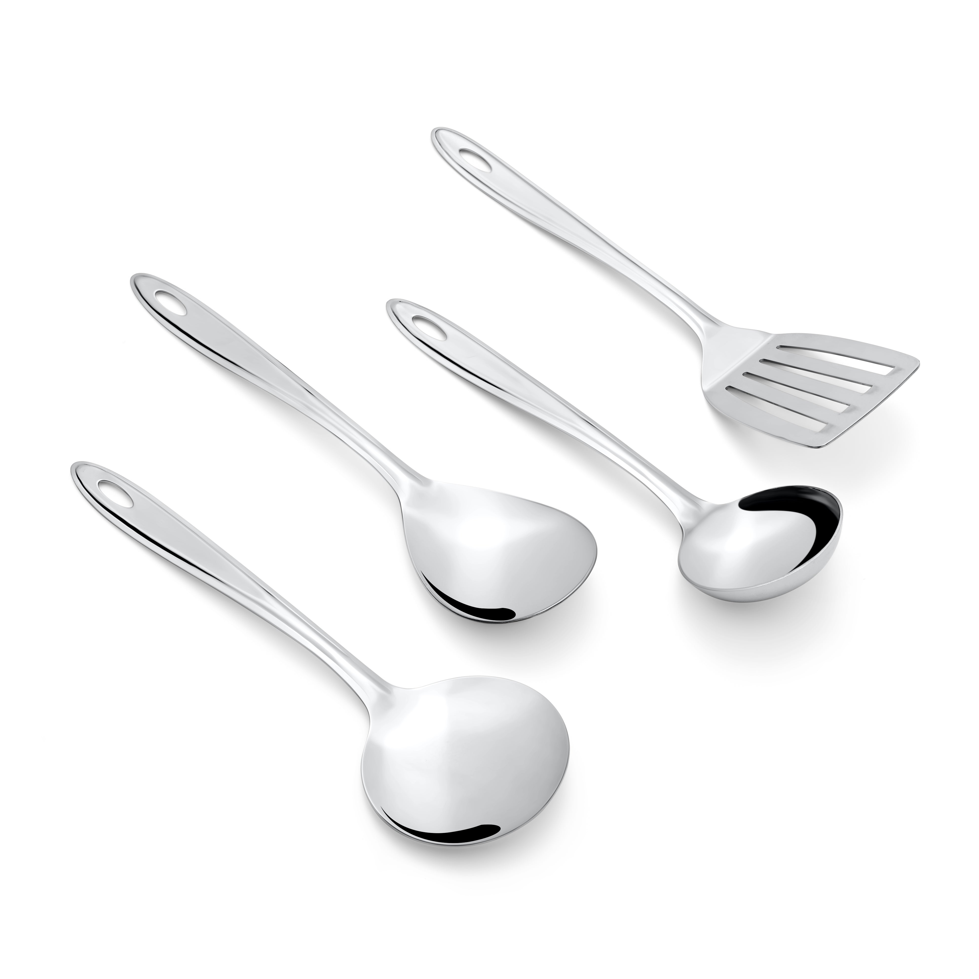 Montavo Trinity 4-piece stainless steel serving utensil set with slotted turner and spoons on white background