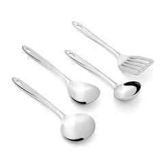 Montavo Trinity 4-piece stainless steel serving utensil set with slotted turner and spoons on white background