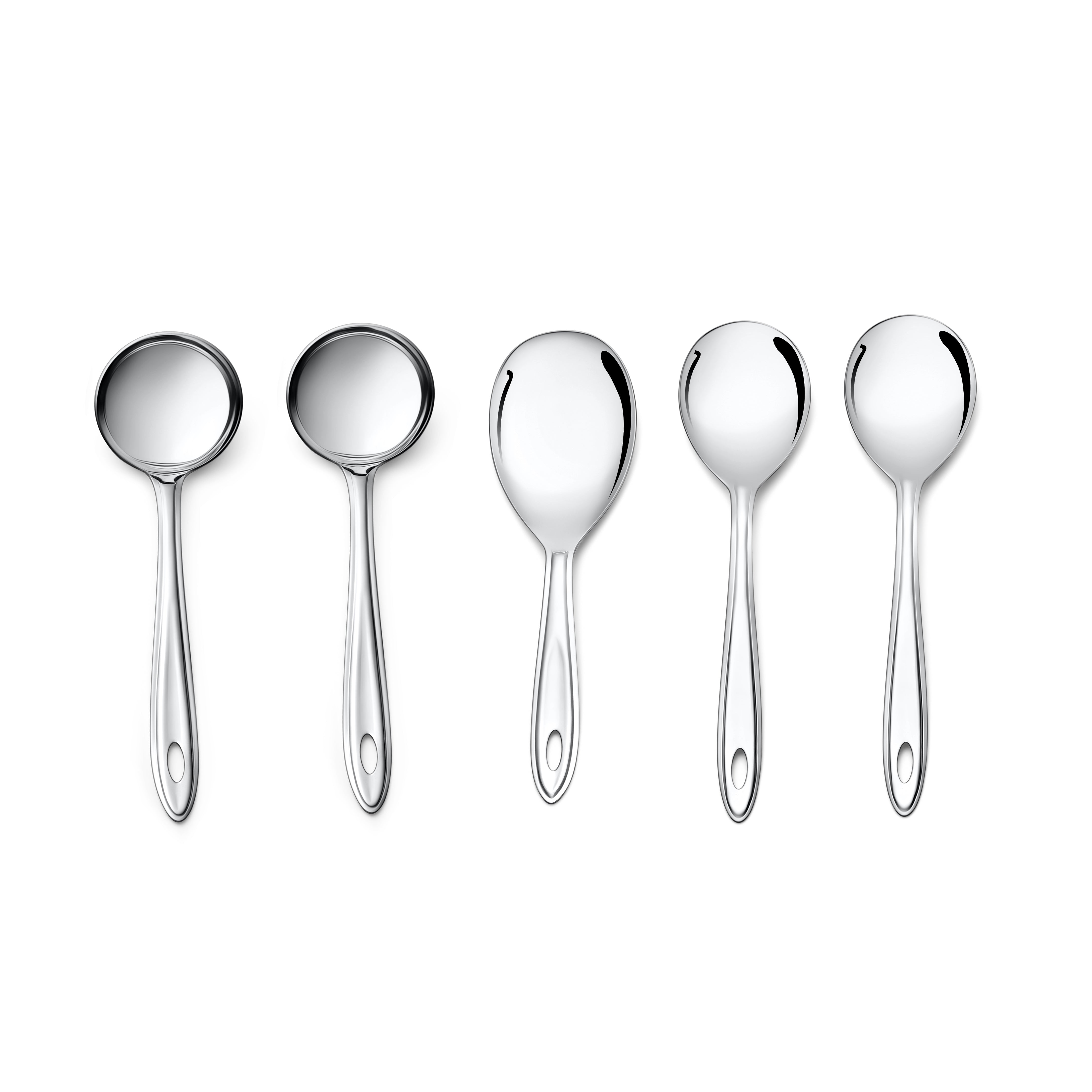 Montavo Trinity 5-piece stainless steel serving spoon set on white background showing complete collection of gravy ladles and serving spoons.