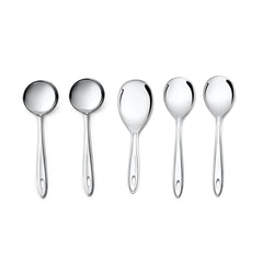 Montavo Trinity 5-piece stainless steel serving spoon set on white background showing complete collection of gravy ladles and serving spoons.