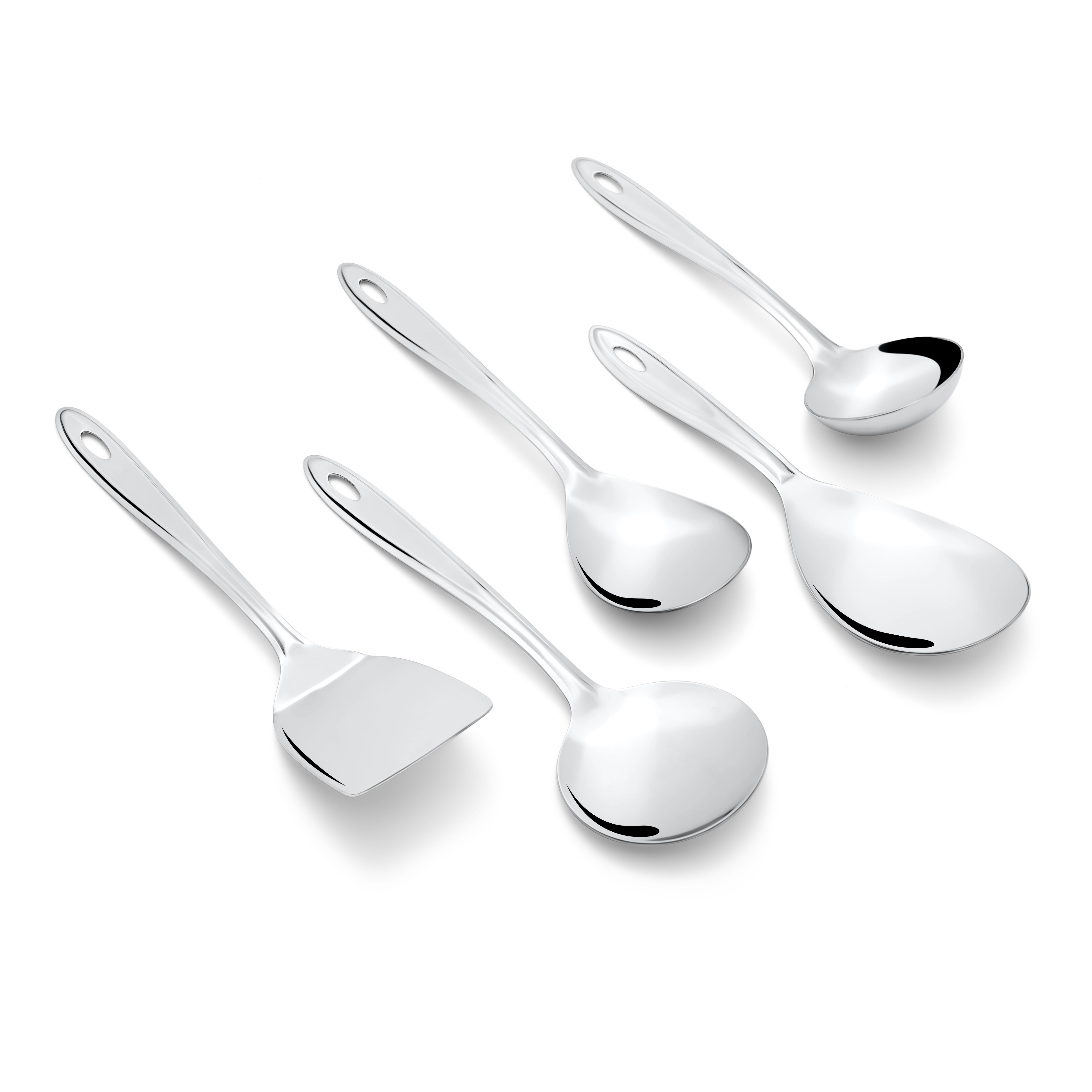 Montavo Trinity 5-piece stainless steel serving utensil set arranged on white background showing all tools clearly