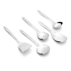 Montavo Trinity 5-piece stainless steel serving utensil set arranged on white background showing all tools clearly