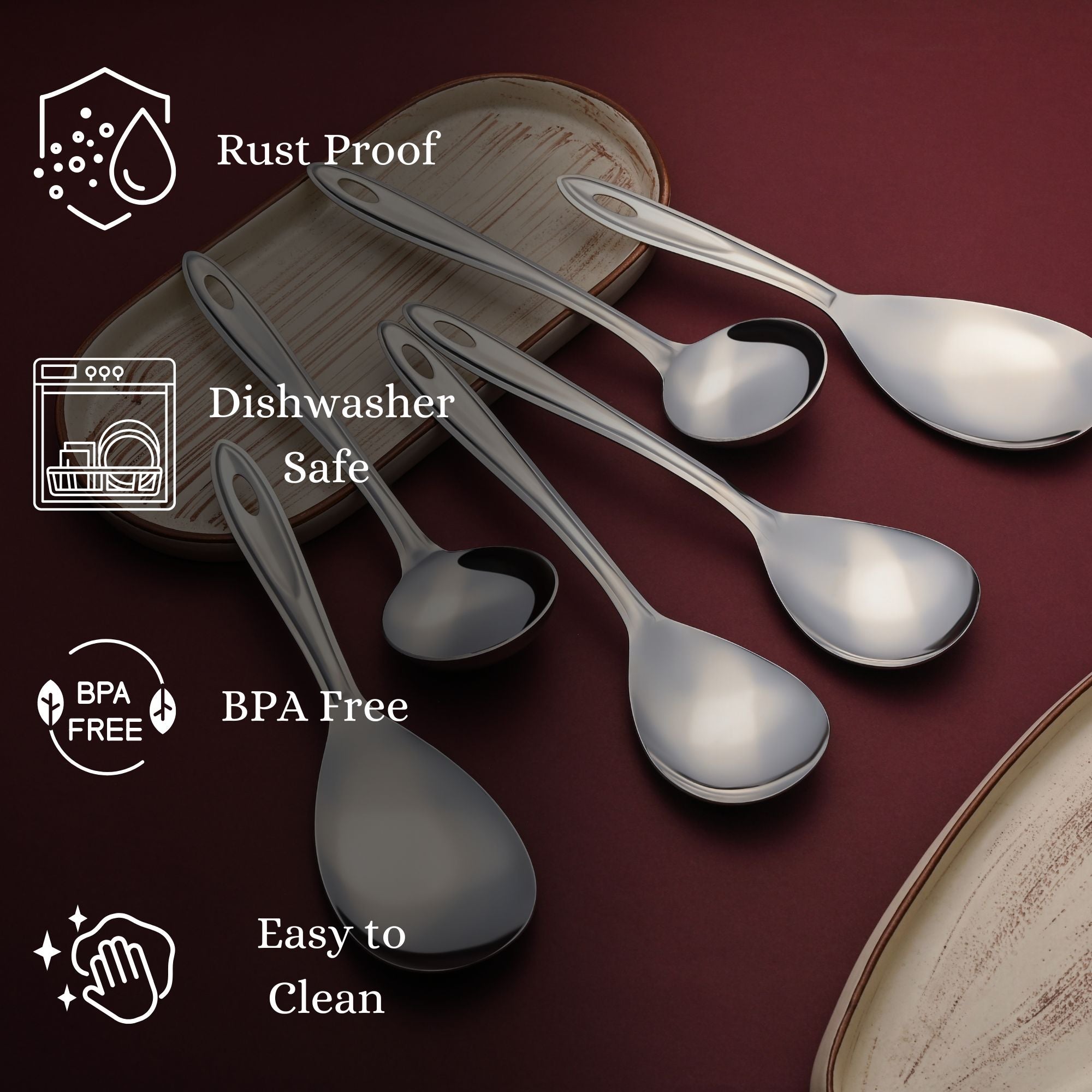 Montavo Trinity serving set features infographic highlighting rust-proof, dishwasher safe, BPA-free, and easy-to-clean properties with wooden tray display