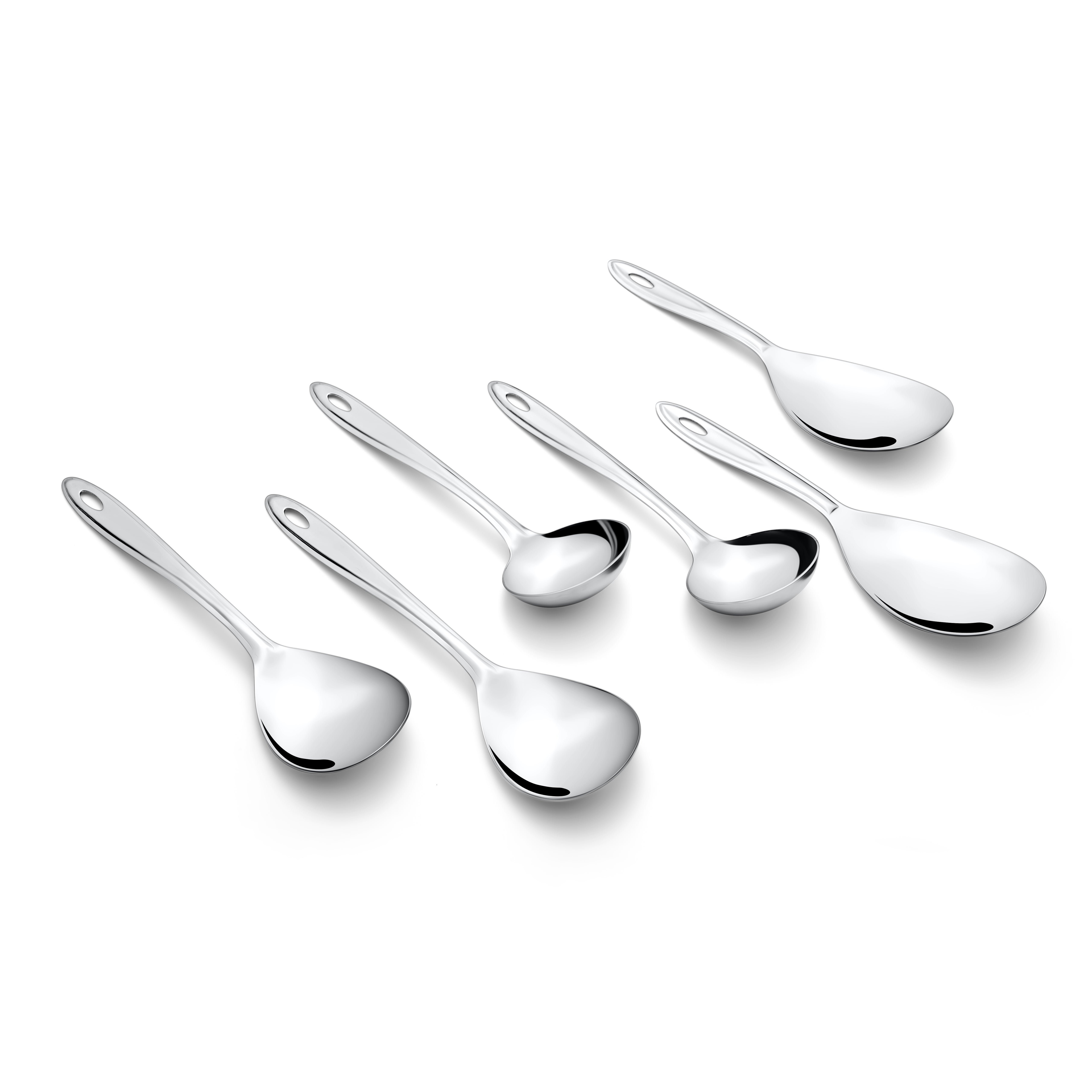 Montavo Trinity 6-piece stainless steel serving spoon set in scattered arrangement showcasing varied bowl sizes and elegant oval handle design