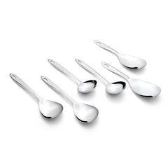 Montavo Trinity 6-piece stainless steel serving spoon set in scattered arrangement showcasing varied bowl sizes and elegant oval handle design