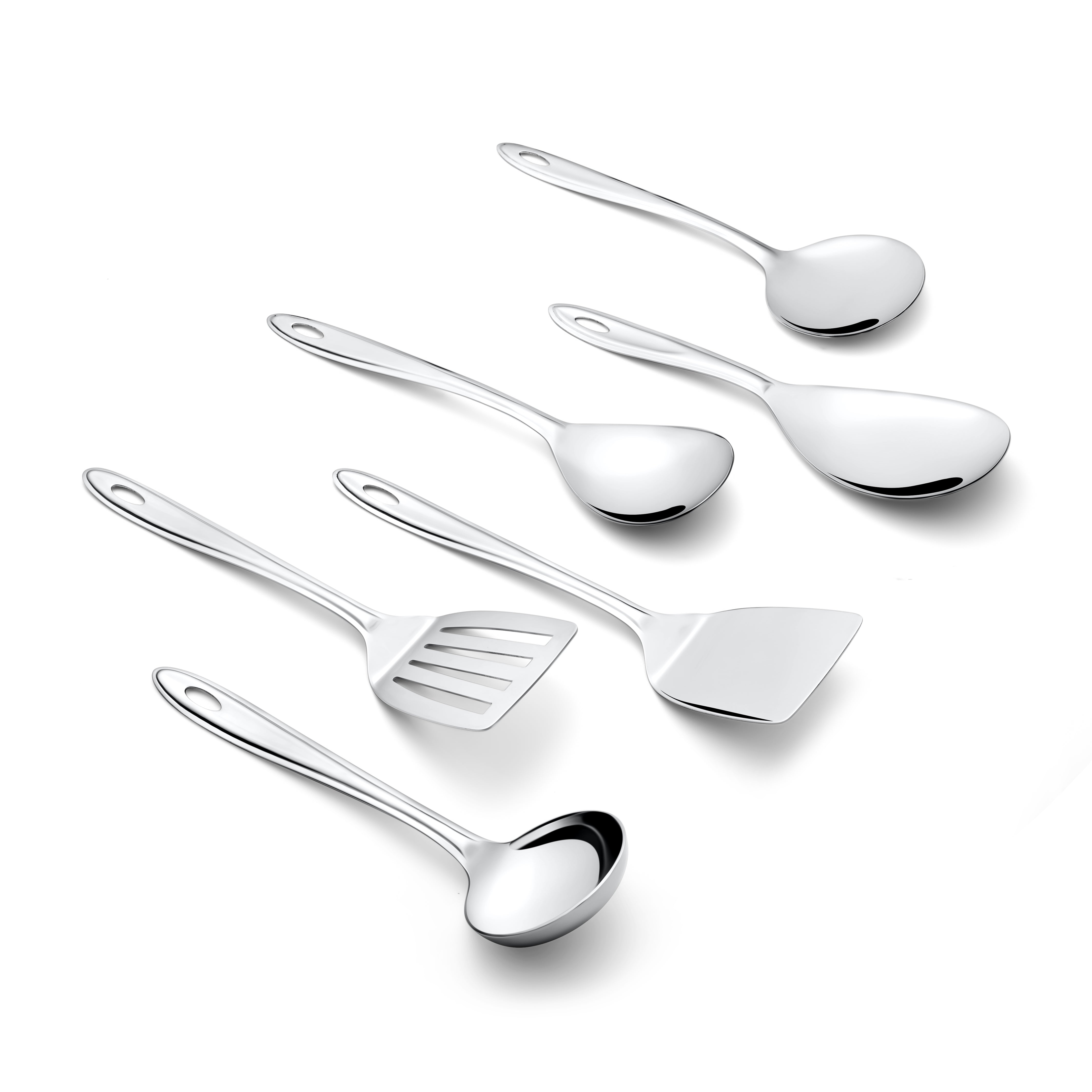 Montavo Trinity 6-piece stainless steel serving tools on white background including ladles, spoons, spatulas, and turner for complete kitchen service.
