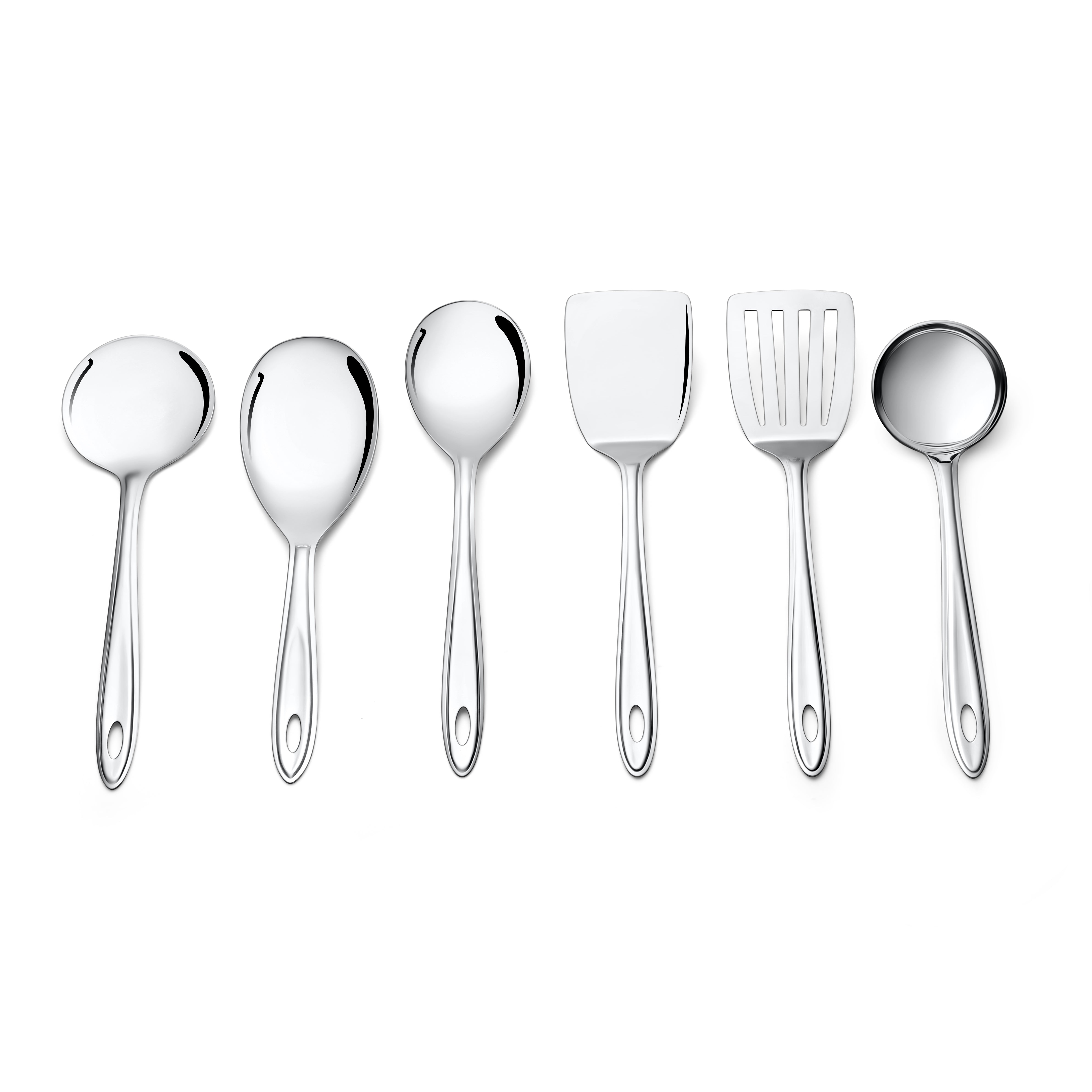 Montavo Trinity complete 6-piece serving tools collection on white background featuring turners, ladles, spoons, and spatulas with oval handle design.