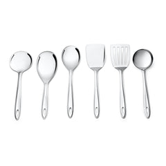Montavo Trinity complete 6-piece serving tools collection on white background featuring turners, ladles, spoons, and spatulas with oval handle design.