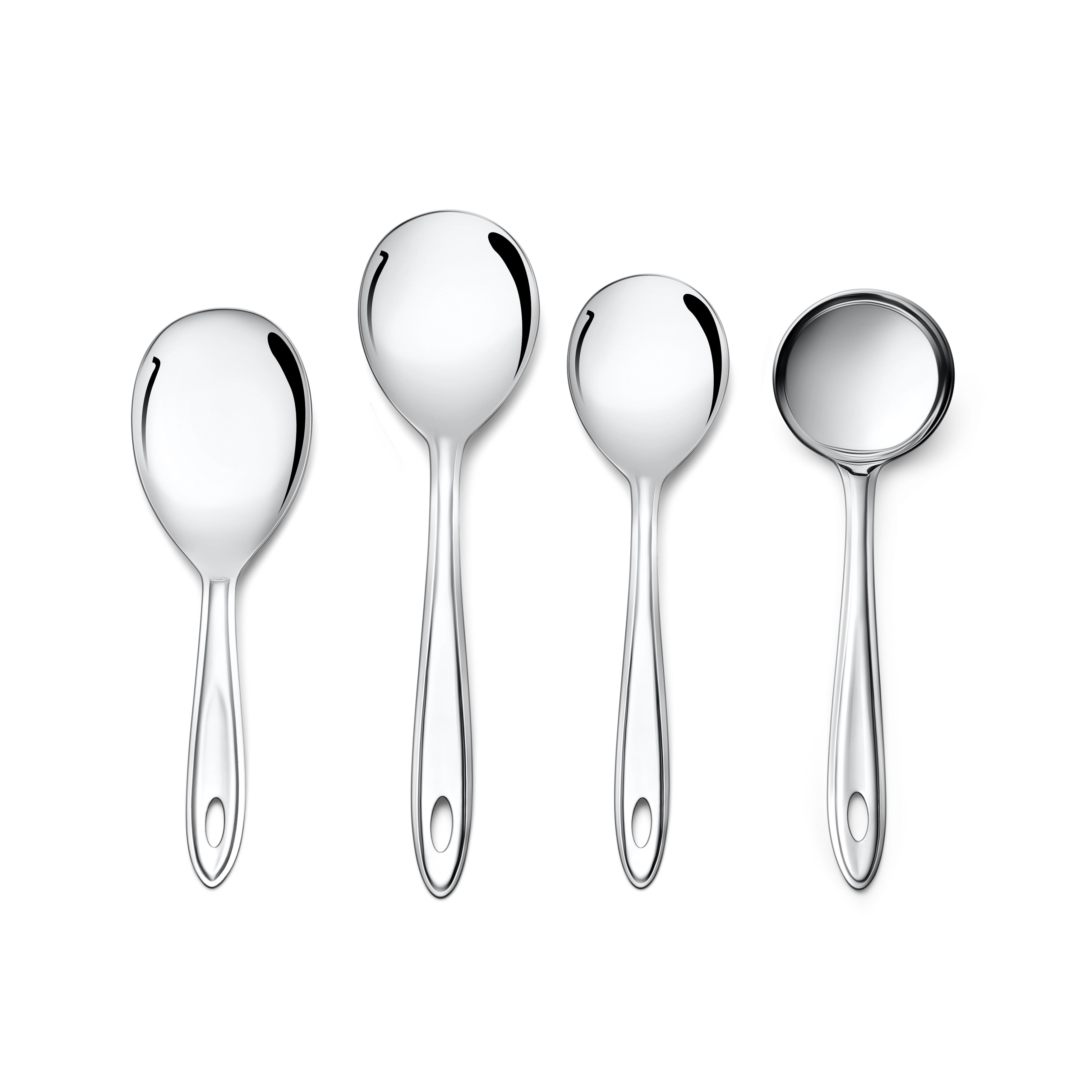 Montavo trinity four-piece stainless steel serving spoons collection with polished mirror finish displayed uniformly on white background.