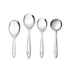 Montavo trinity four-piece stainless steel serving spoons collection with polished mirror finish displayed uniformly on white background.