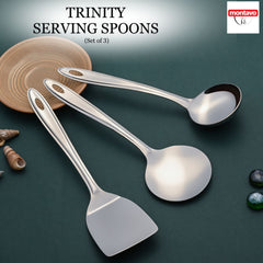 Montavo Trinity Serving Set featuring 3-piece stainless steel collection including round turner, spatula, and gravy ladle