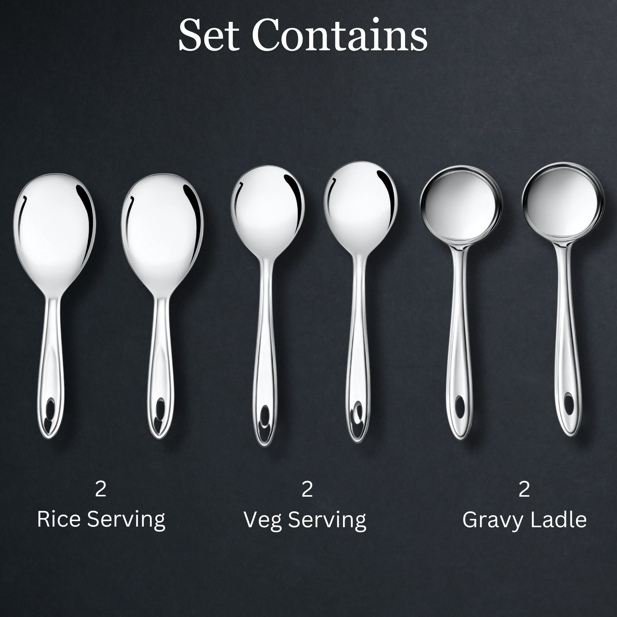 Montavo Trinity serving set contents infographic showing 2 rice servers, 2 veg serving spoons, and 2 gravy ladles on dark background