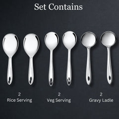 Montavo Trinity serving set contents infographic showing 2 rice servers, 2 veg serving spoons, and 2 gravy ladles on dark background