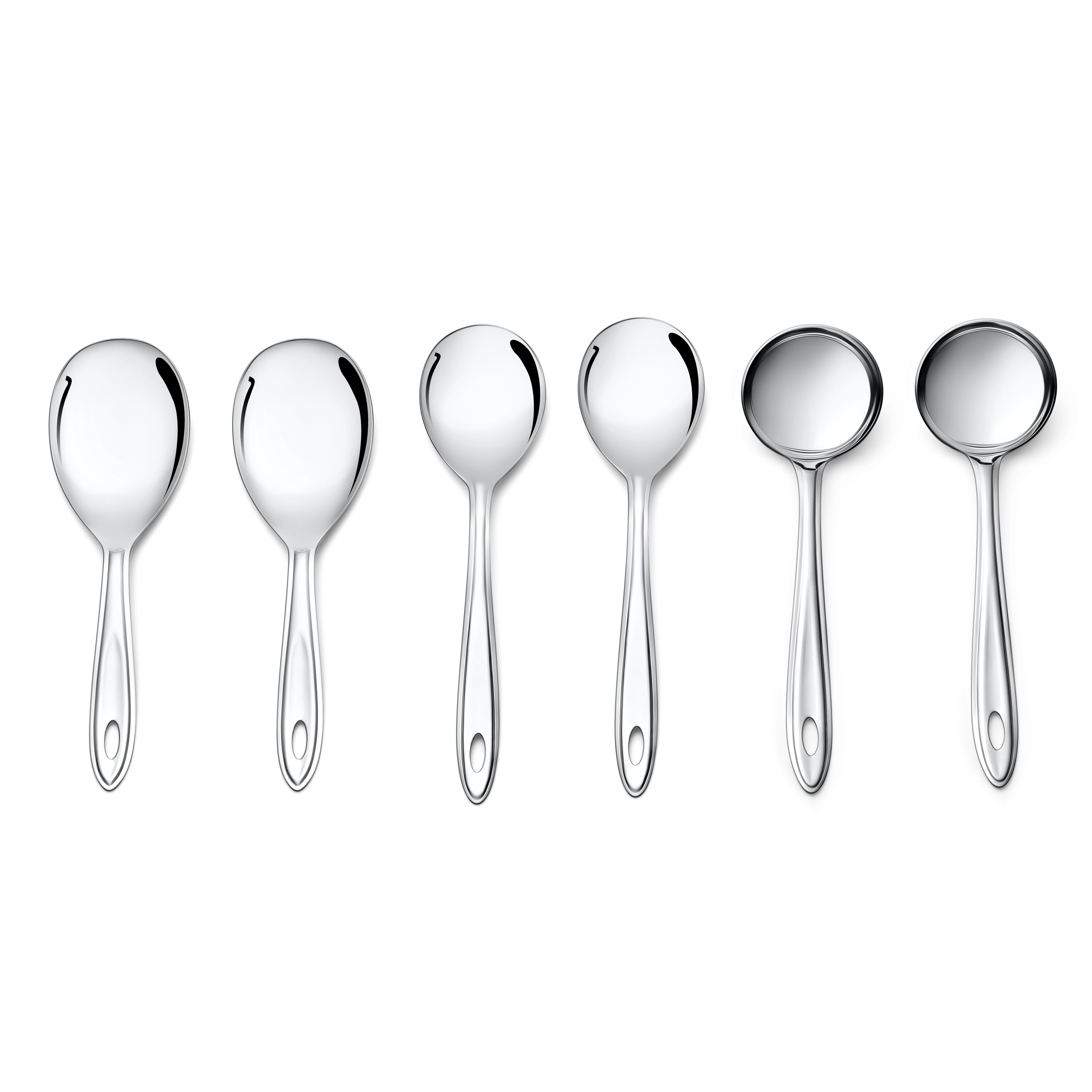 Montavo Trinity 6-piece serving spoon set aligned horizontally showing mirror finish stainless steel with modern oval handle design for elegant dining