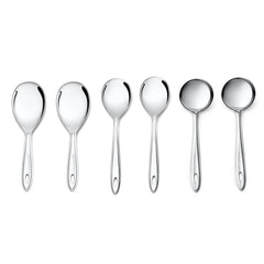 Montavo Trinity 6-piece serving spoon set aligned horizontally showing mirror finish stainless steel with modern oval handle design for elegant dining