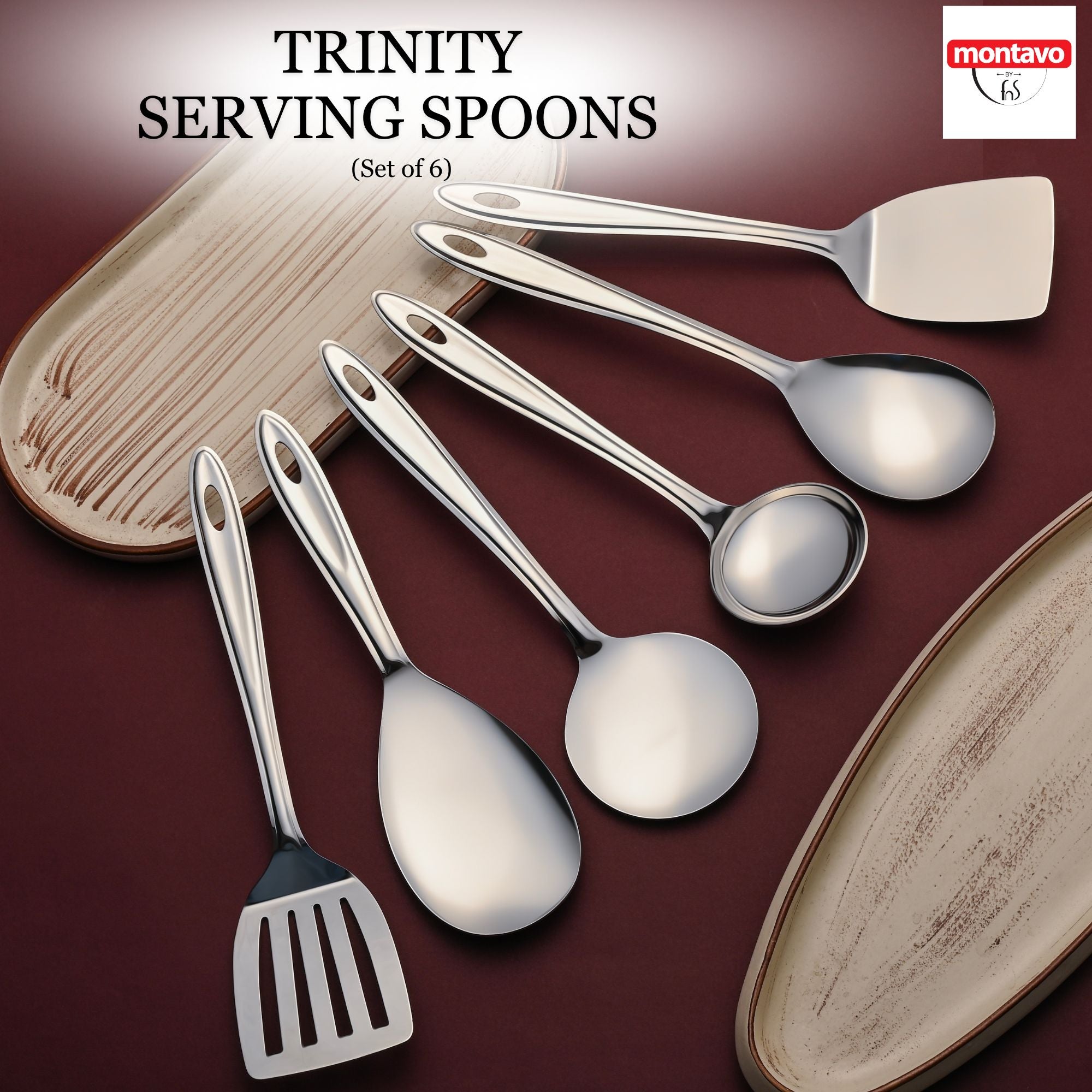 Montavo Trinity 6-piece serving spoons set displayed on rustic ceramic plates with Montavo branding, showcasing elegant stainless steel finish and design.