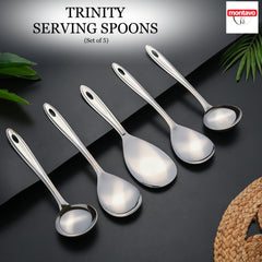 Montavo Trinity stainless steel serving spoons set of 5 with mirror finish displayed on dark surface with Montavo branding visible.