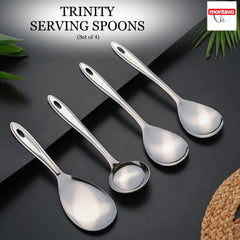 Four montavo trinity stainless steel serving spoons displayed on grey and black background with decorative green plant leaves and woven texture.