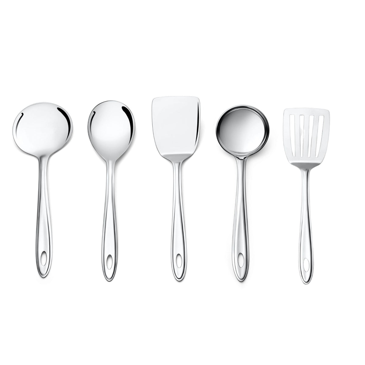 Montavo Trinity 5-piece stainless steel serving tools set including slotted turner, gravy ladle, skimmer, vegetable spoon, and solid spatula on white background.