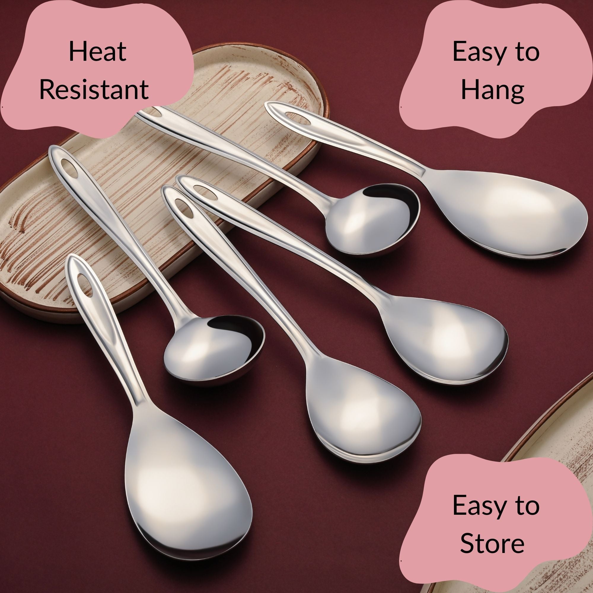 Montavo Trinity 6-piece serving tools displaying heat-resistant, easy-to-hang, and easy-to-store features with oval handle hooks on burgundy background