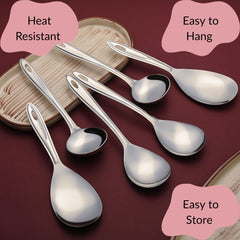 Montavo Trinity 6-piece serving tools displaying heat-resistant, easy-to-hang, and easy-to-store features with oval handle hooks on burgundy background