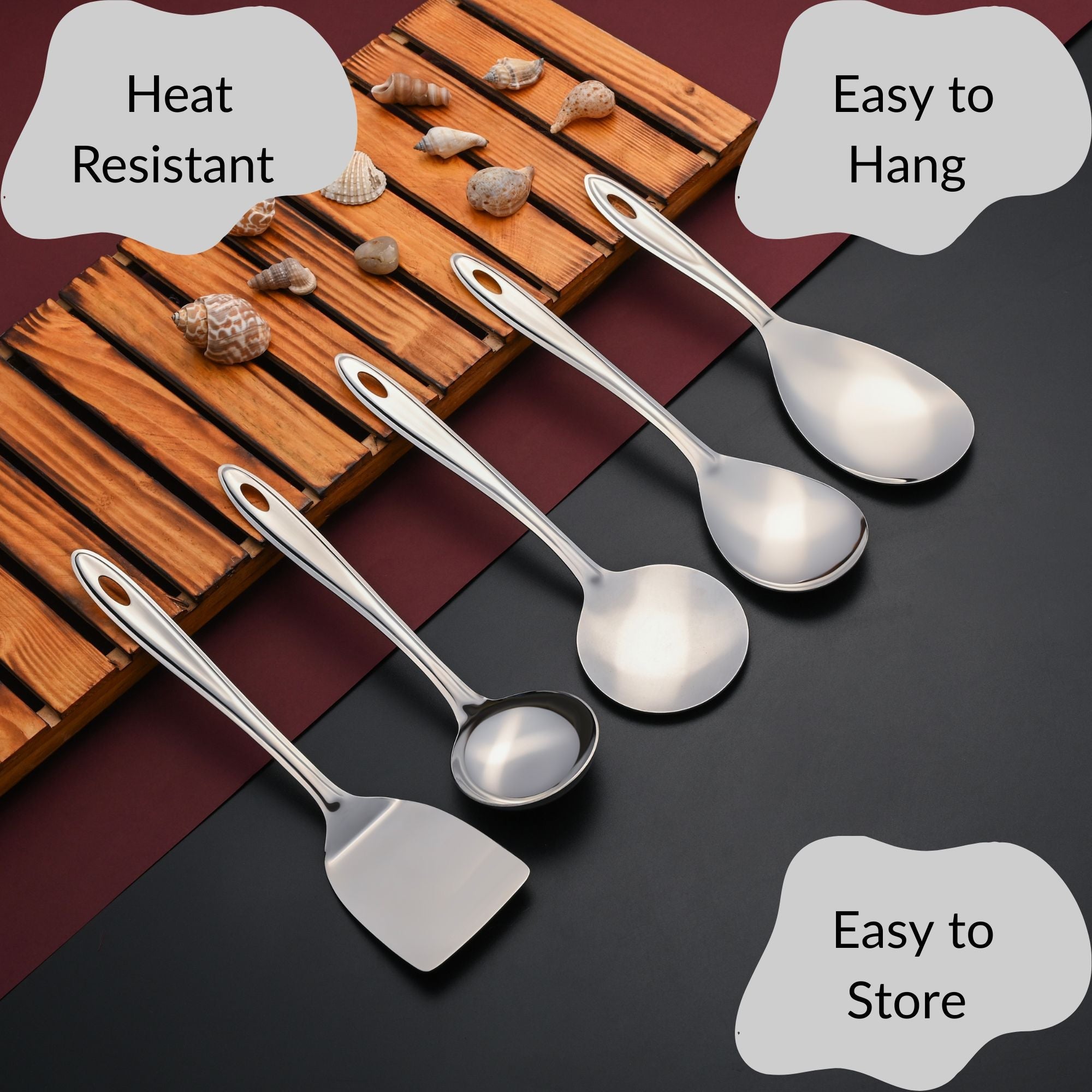 Montavo Trinity heat-resistant serving spoons with easy-to-hang holes and convenient storage features displayed on wooden surface
