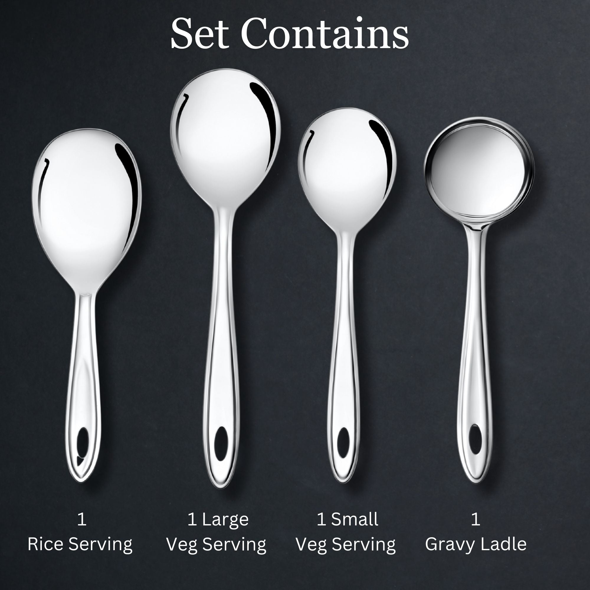 Complete trinity set contents displaying rice serving spoon, large vegetable spoon, small vegetable spoon, and gravy ladle clearly.