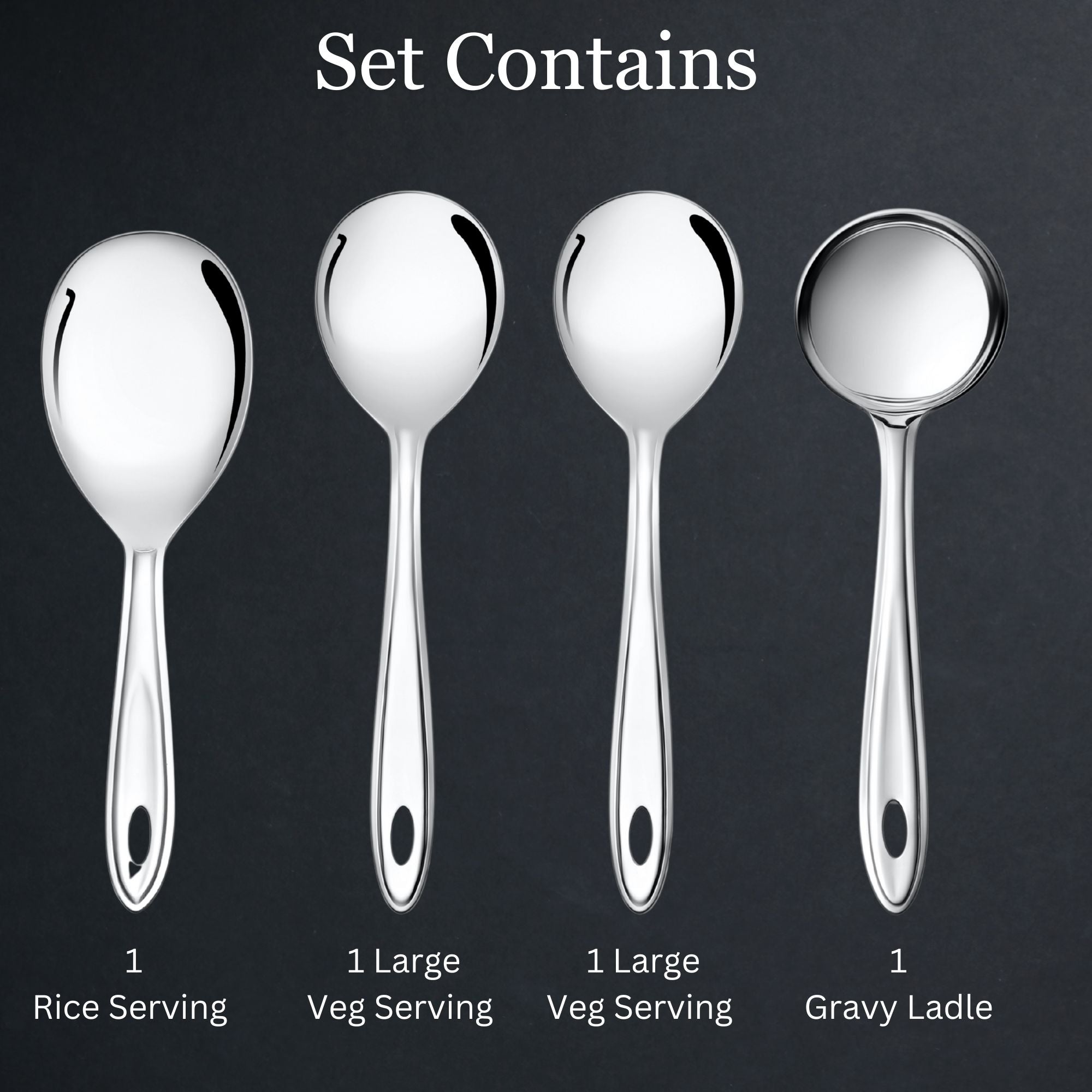 Complete trinity set contents showing one rice serving spoon, two large vegetable serving spoons, and one gravy ladle with handles.