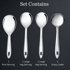 Complete trinity set contents showing one rice serving spoon, two large vegetable serving spoons, and one gravy ladle with handles.