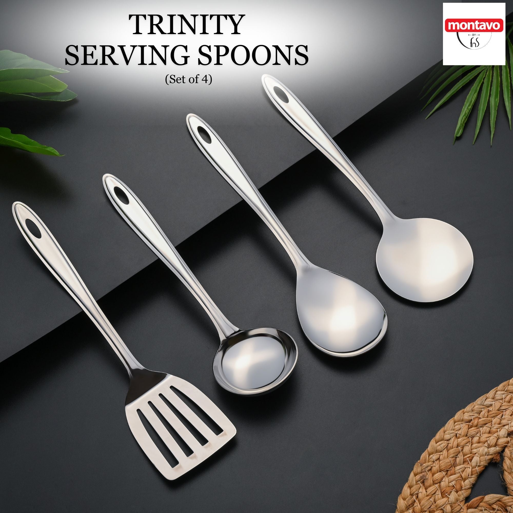 Montavo Trinity serving spoons set of 4 product banner with brand logo featuring complete kitchen utensil collection