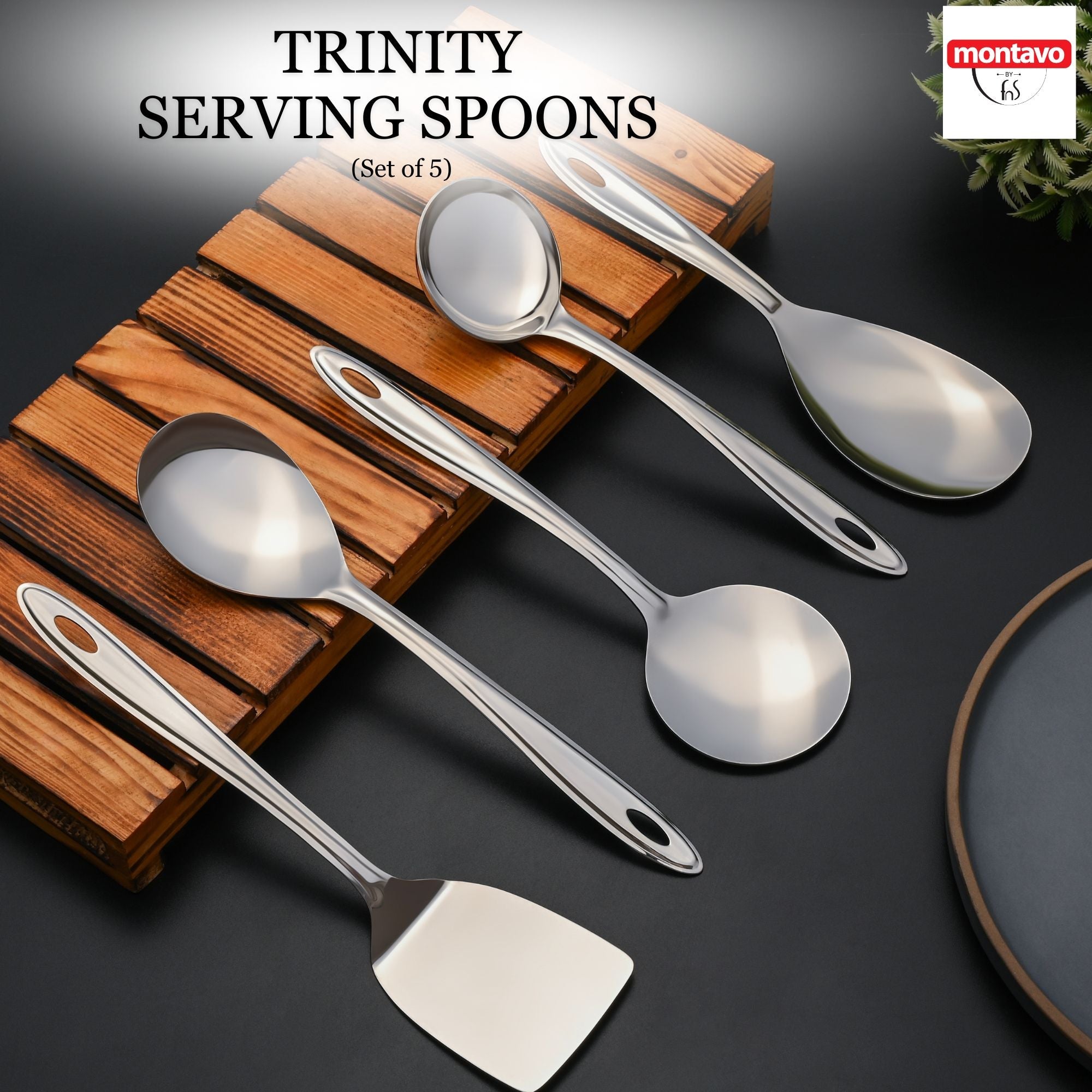 Montavo Trinity serving spoons set of 5 product banner featuring brand logo and complete utensil collection display