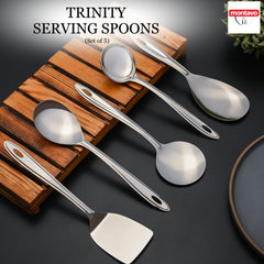 Montavo Trinity serving spoons set of 5 product banner featuring brand logo and complete utensil collection display