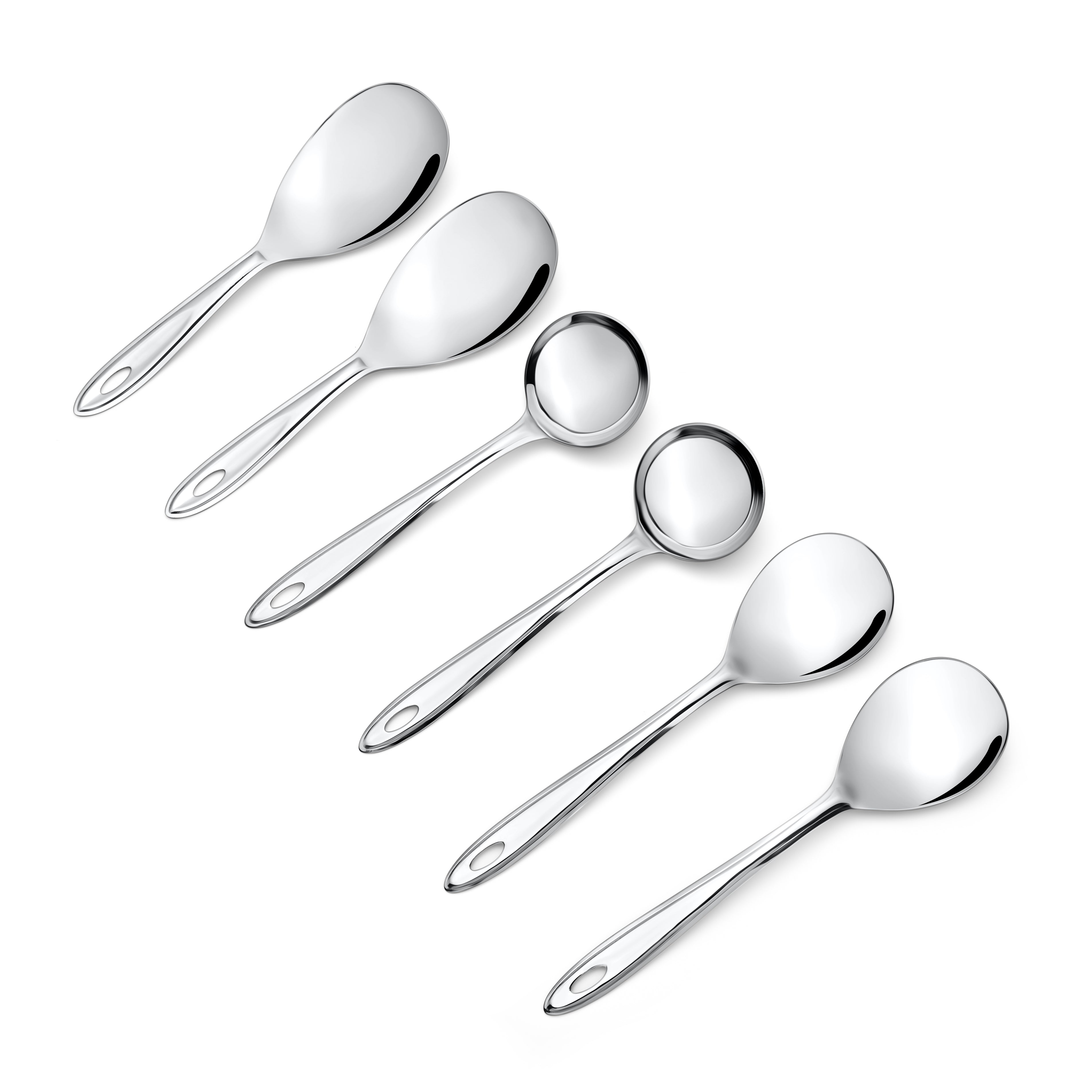 Montavo Trinity serving utensils set displaying 2 rice servers, 2 gravy ladles, and 2 veg spoons with mirror polish and oval handles