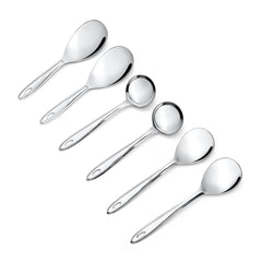 Montavo Trinity serving utensils set displaying 2 rice servers, 2 gravy ladles, and 2 veg spoons with mirror polish and oval handles