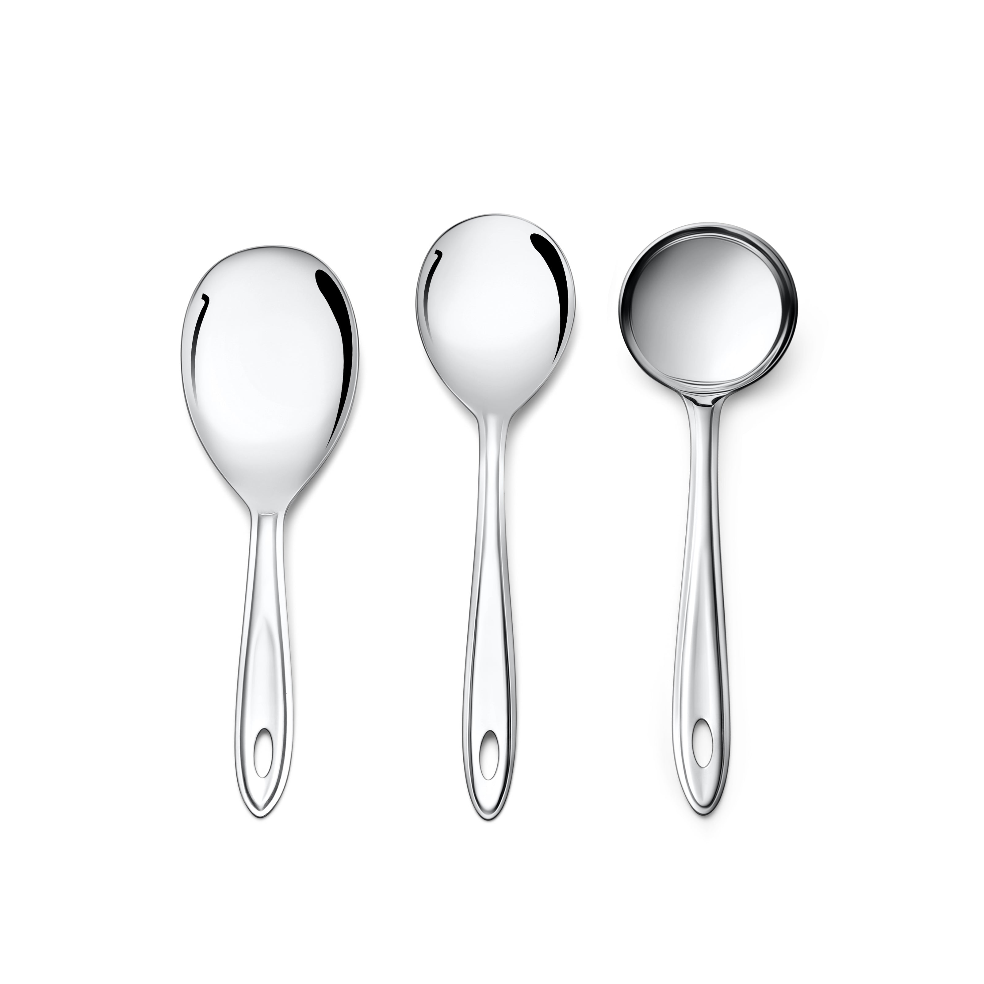 Complete montavo trinity three-piece stainless steel serving spoons collection displayed against white background for product catalog showcasing.