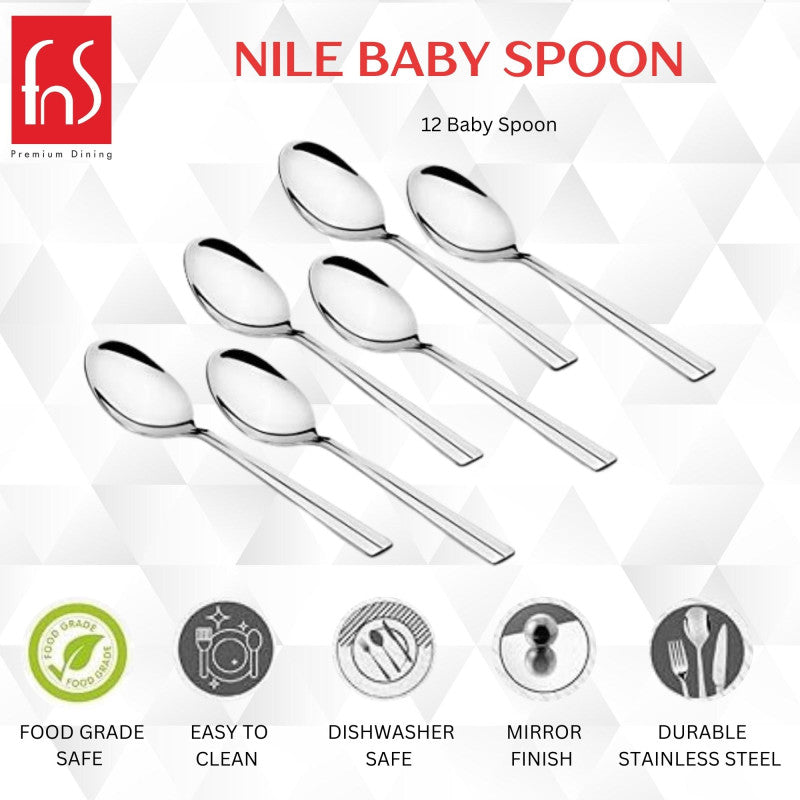 Nile baby spoon 12-piece set infographic showing food grade safe, easy to clean, dishwasher safe, mirror finish, and durable stainless steel features