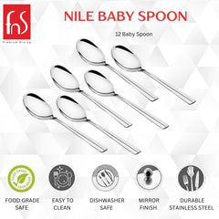 Nile baby spoon 12-piece set infographic showing food grade safe, easy to clean, dishwasher safe, mirror finish, and durable stainless steel features