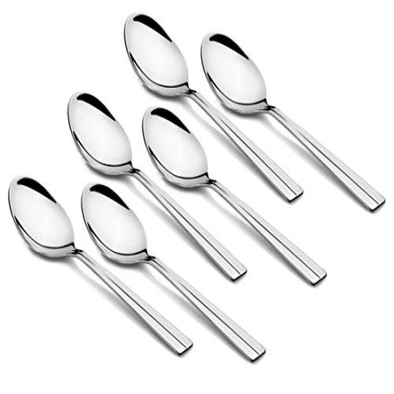 Six Nile stainless steel baby spoons with mirror finish and sleek modern handles displayed on white background