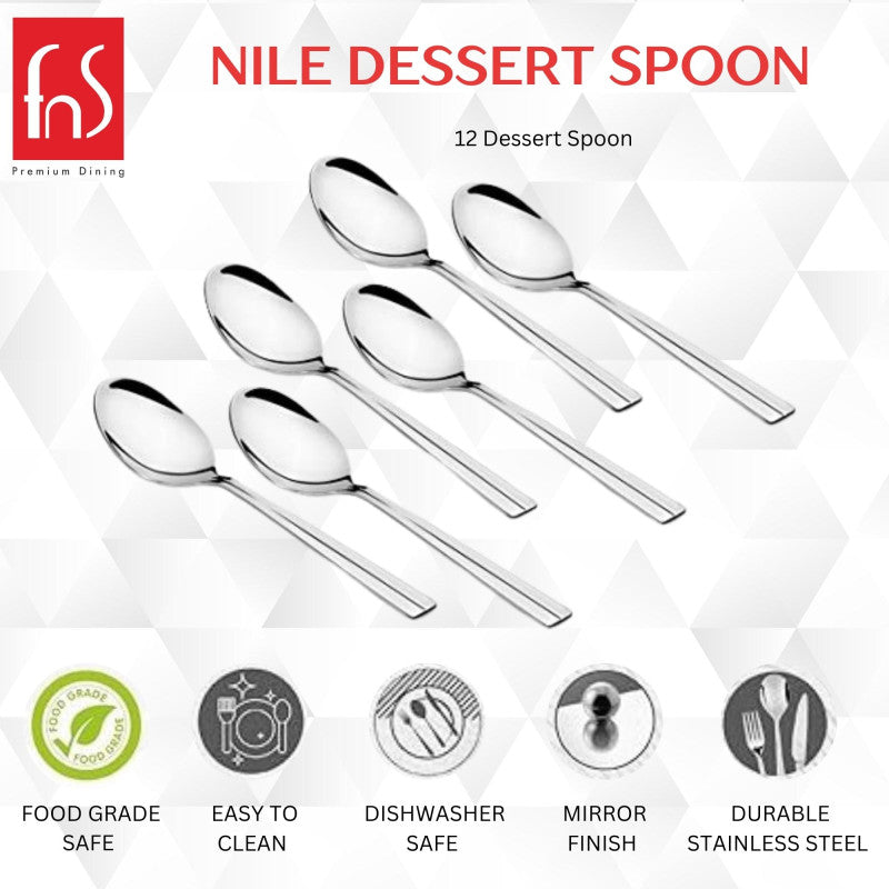 FNS Nile Dessert Spoon 12-piece set infographic showing food grade safe, easy to clean, dishwasher safe, mirror finish, and durable stainless steel features